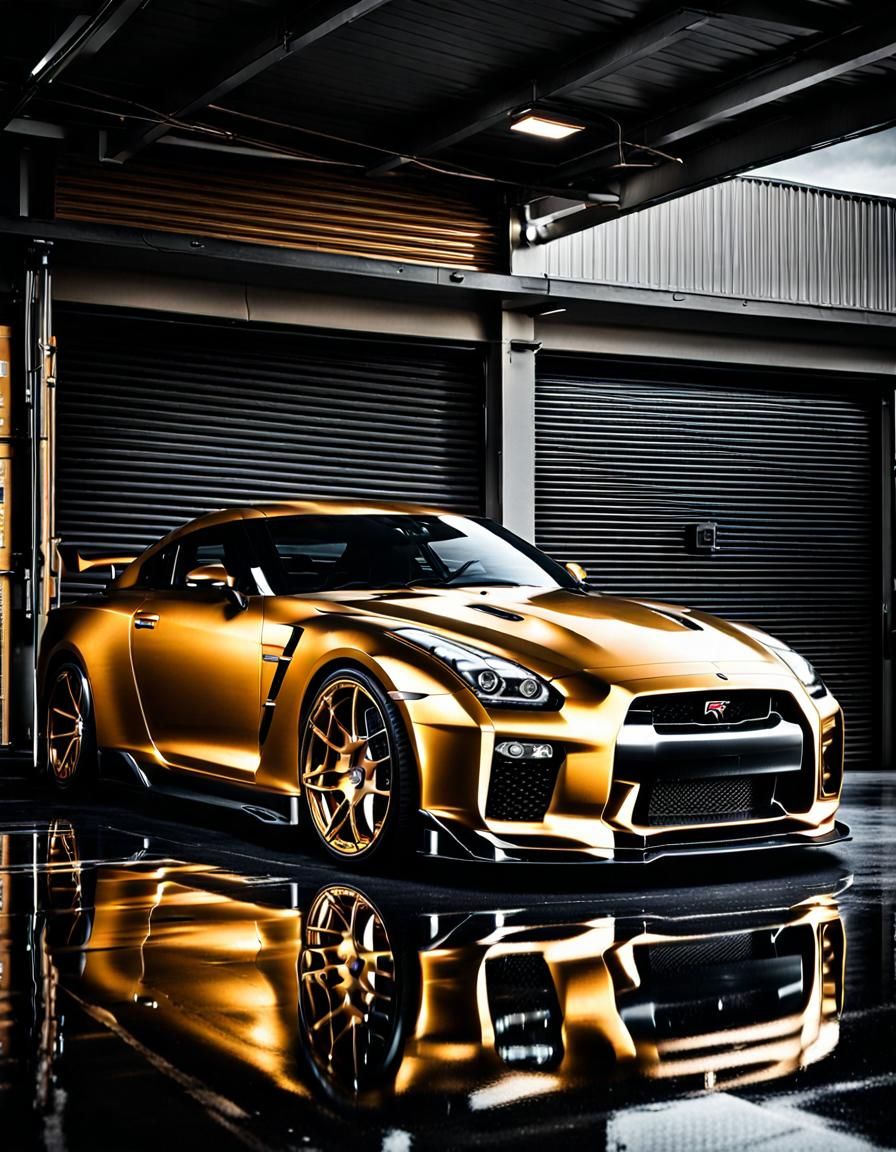 Gold GTR in Car Garage: Hyperrealistic Digital Art