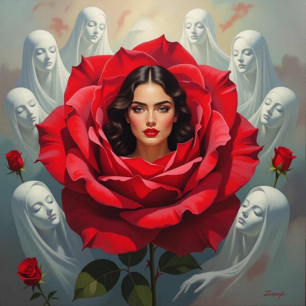 Woman Emerges from Rose in Surrealist Oil Painting