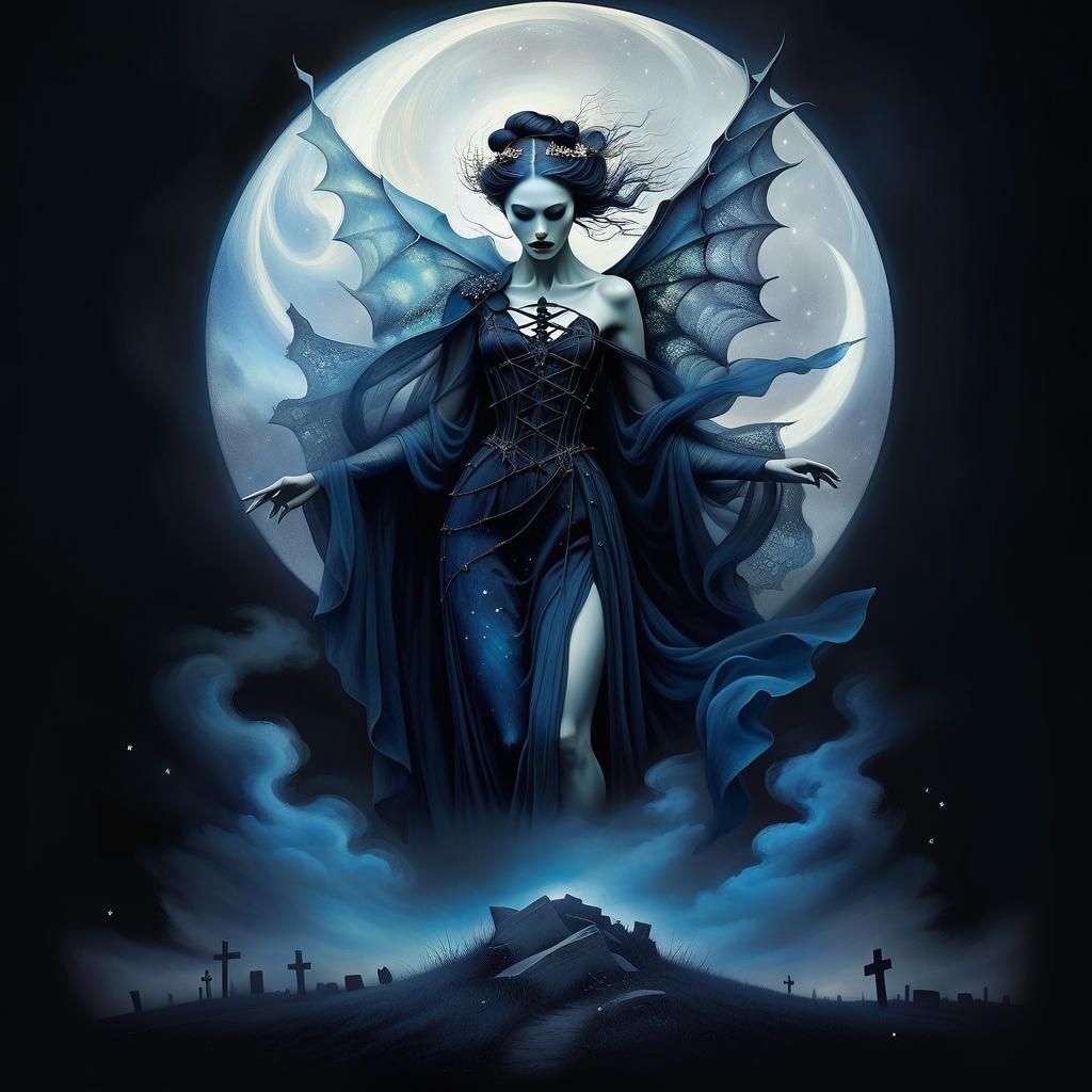 Gothic Graveyard Scene with Woman in Rags