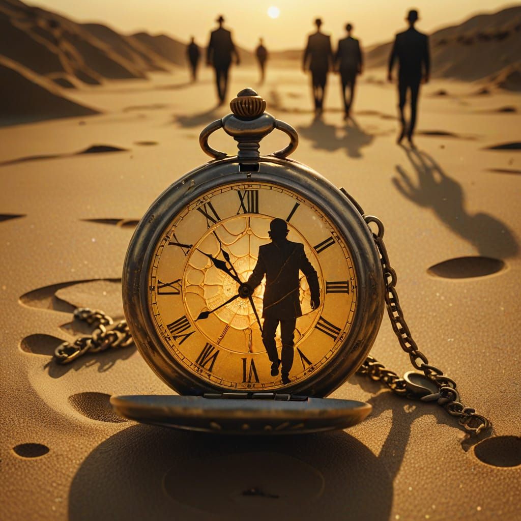 Surreal Pocket Watch Leaking Sand with Figures Moving Backwa...