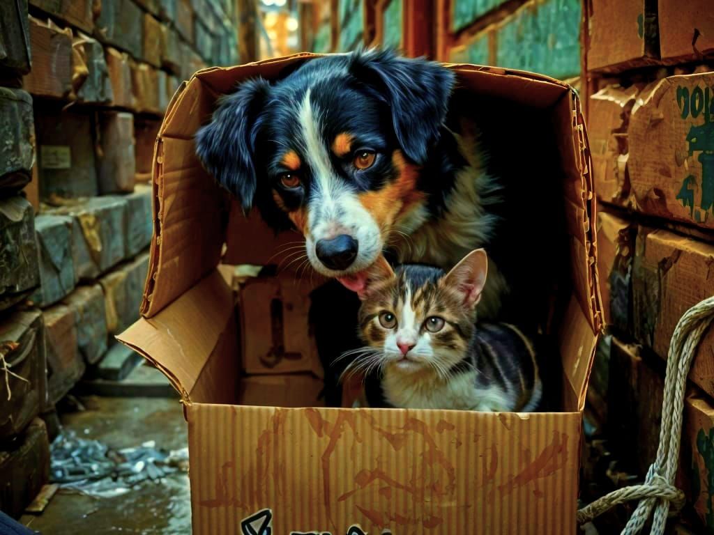 Dog and Kitten Shelter in Rainy Alley