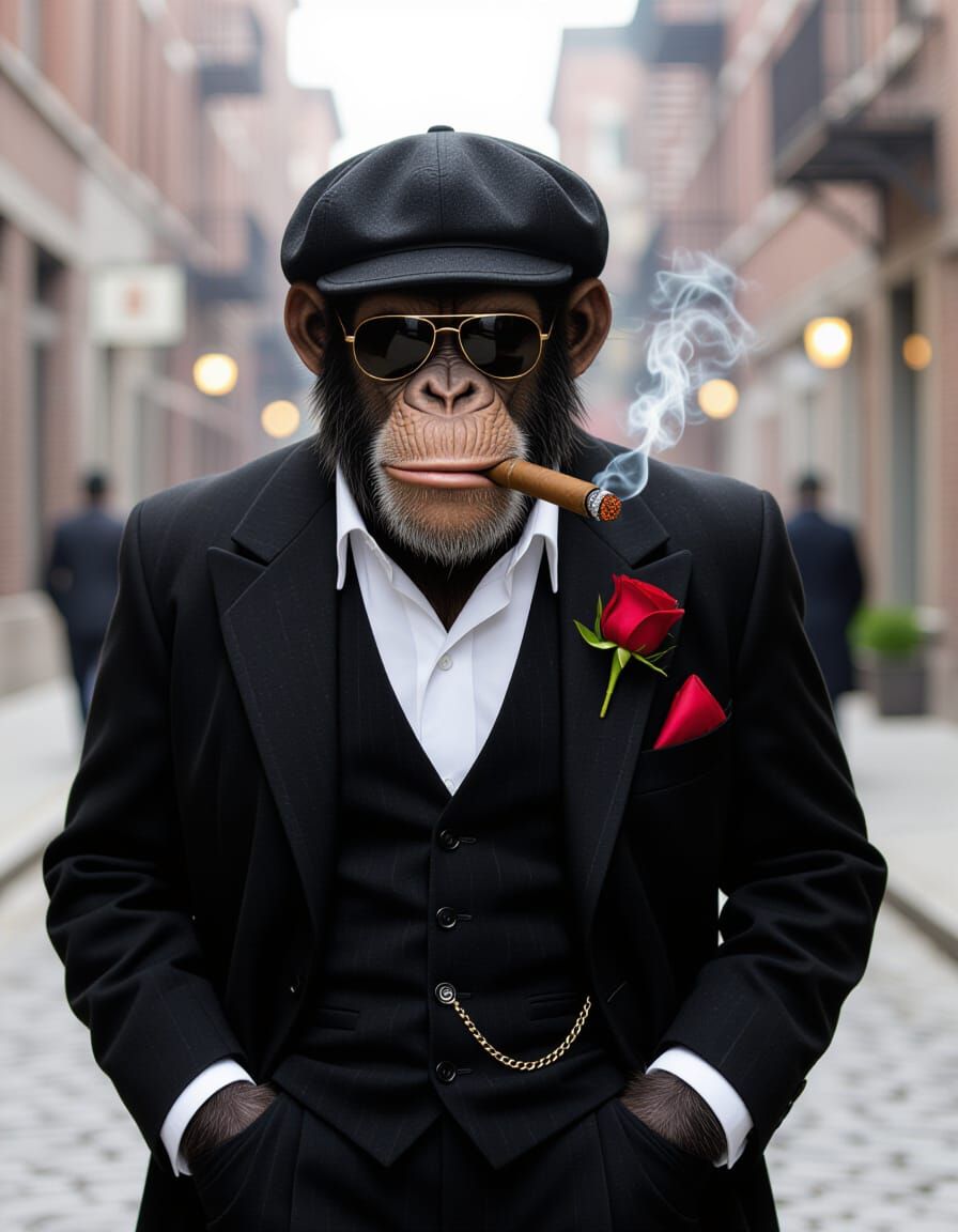 Chimp Dons Mafia Style in 1900s Cityscape