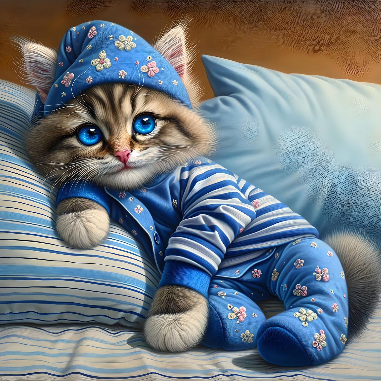 Cute Kitten in Pajamas: Surrealist Gothic Oil Painting