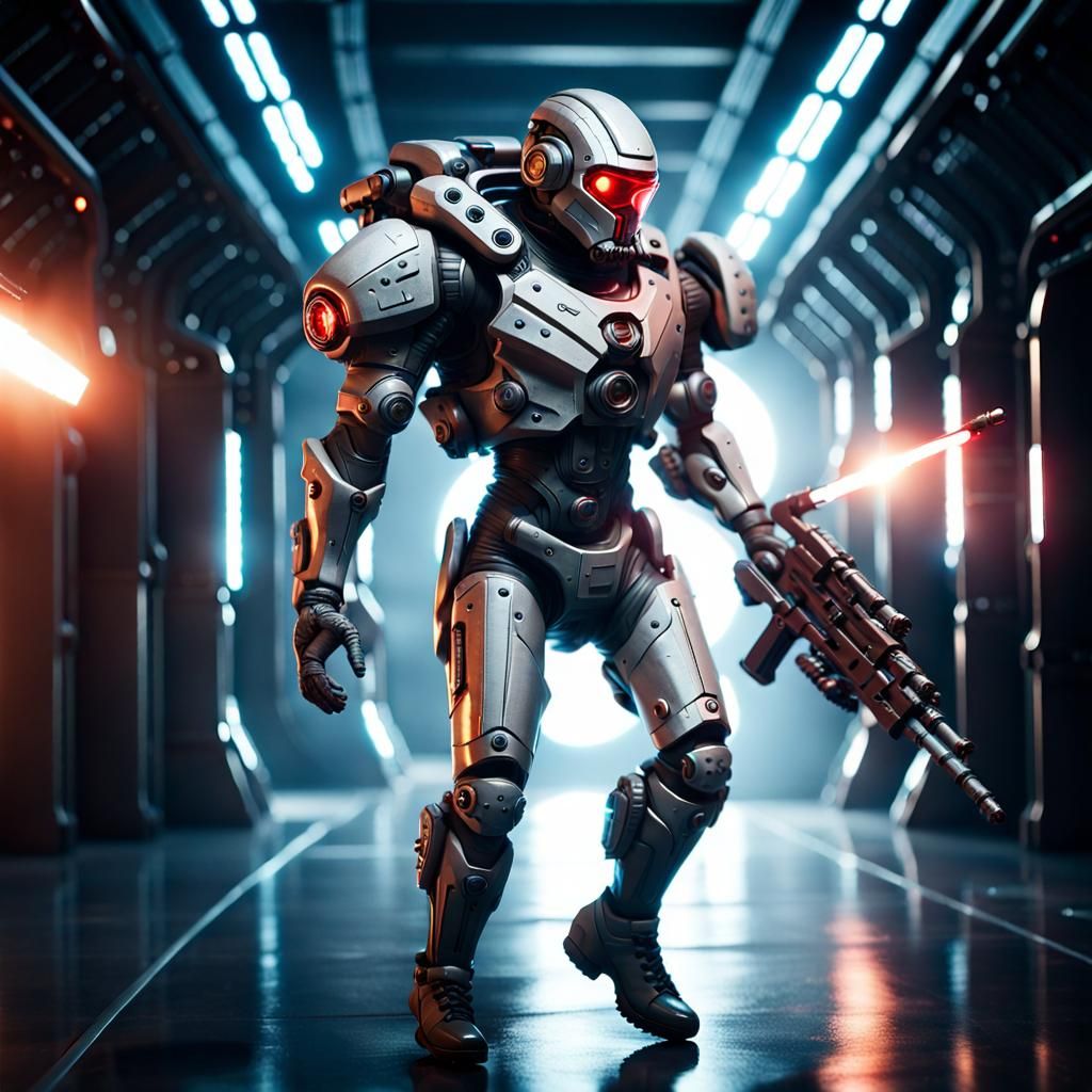 Evil Cyborg with Weapon in Dynamic Lighting