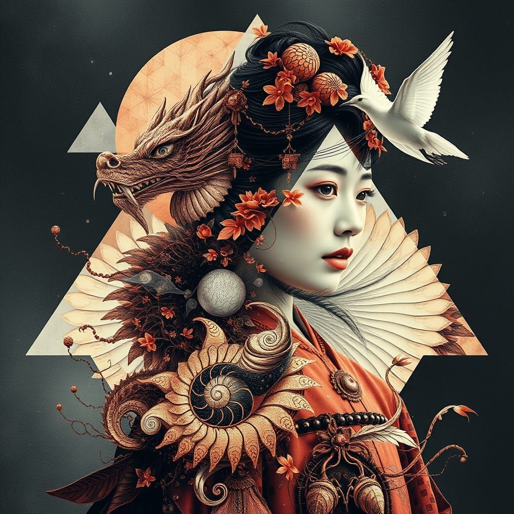 Hyper-Realistic Double Exposure Art of Chinese Dragon and Wo...