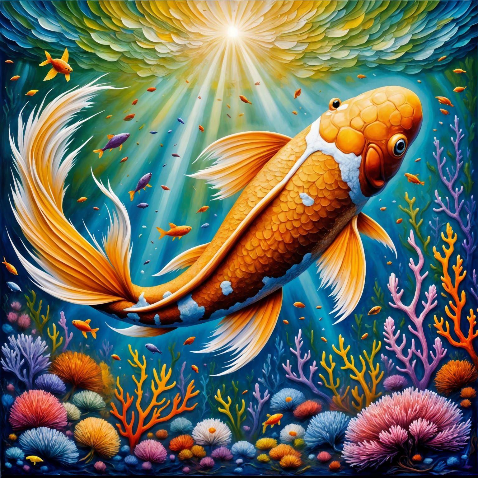 Golden Koi Fish in Kelp Forest, Impasto Oil Painting