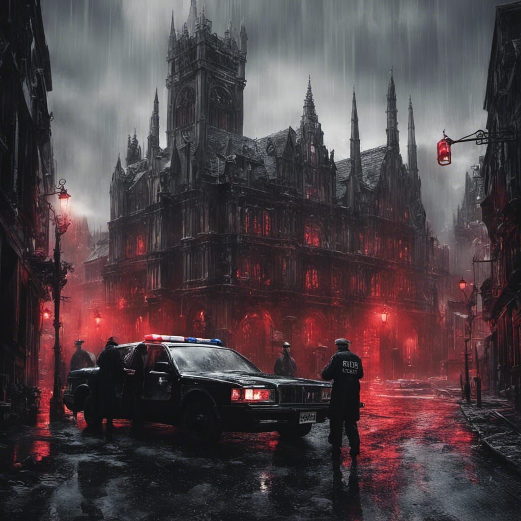Rainy Gothic Murder Scene: Police Investigation
