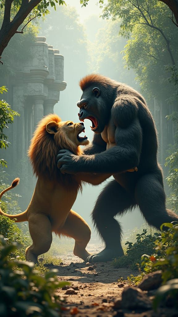 Lion and Gorilla Battle in Jungle Ruins