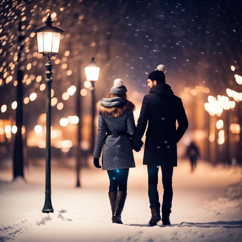 Romantic Winter Night City Walk Photo