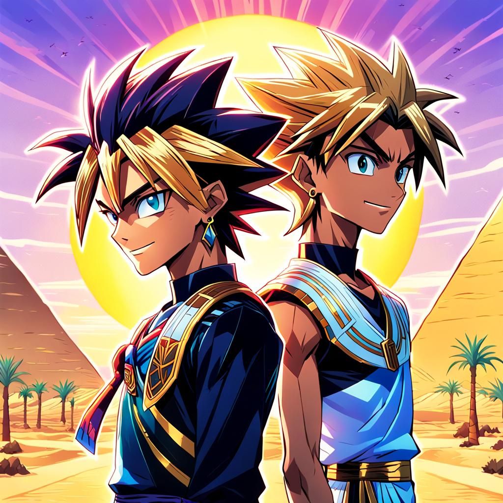 Yugi and Joey in Egyptian Landscape, Comic Style