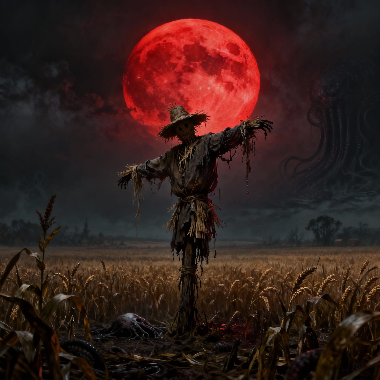 Haunting Scarecrow Under Blood Moon