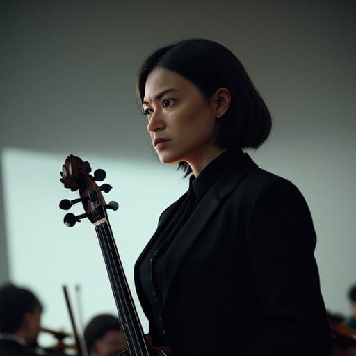 Cinematic Film Still of a Live Orchestra in a Darkened Conce...