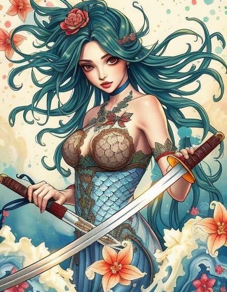 Anime Woman Rising from the Ocean in Art Nouveau Style