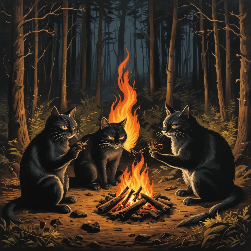 Eerie Cats Ritual by Fire in Gouache Ink Print