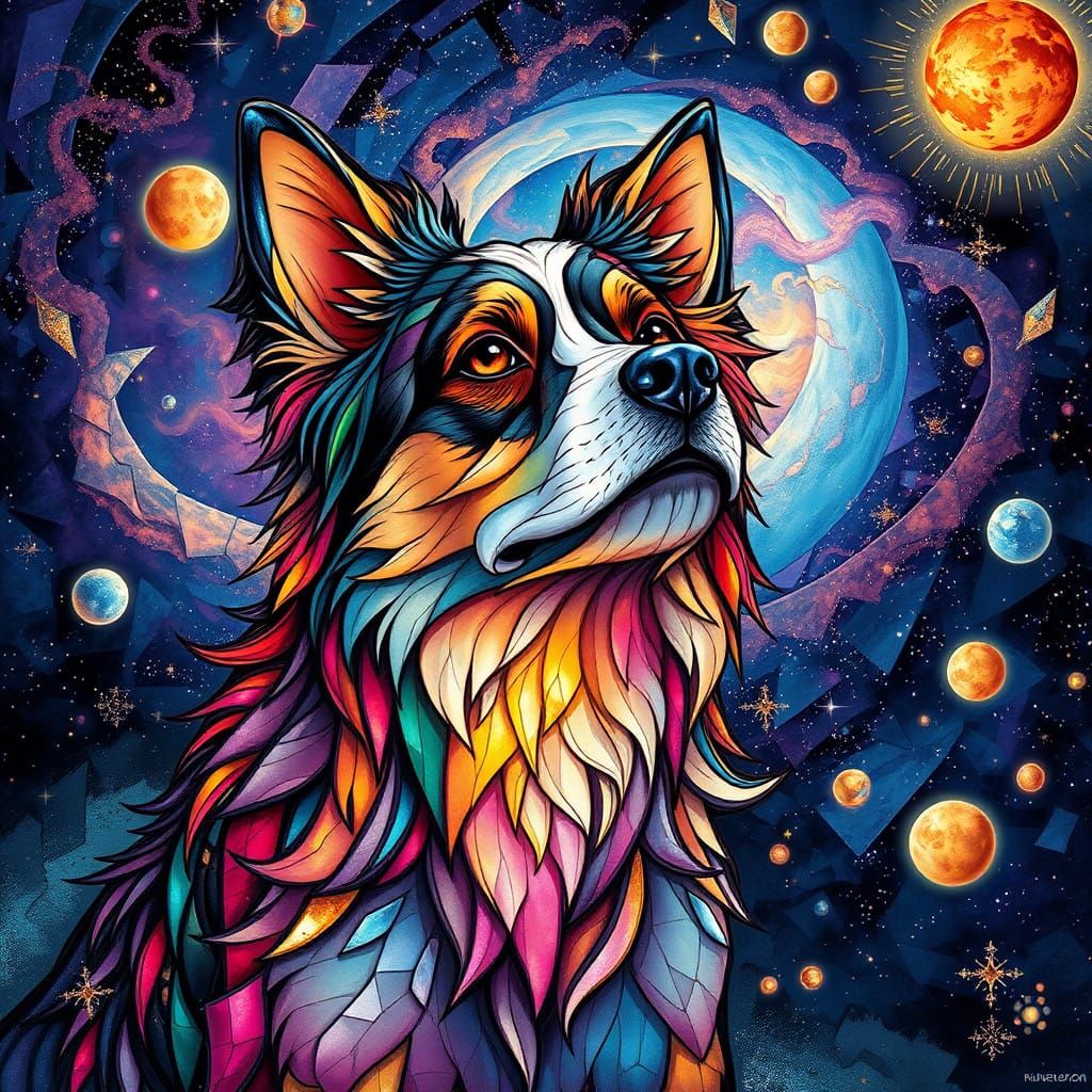 Vibrant Dog in Stained Glass Cosmic Harmony