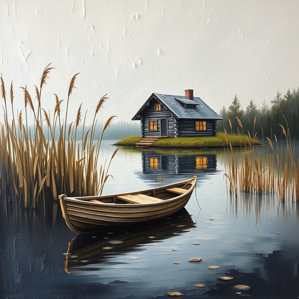 Lakeside Log House in Impasto Style