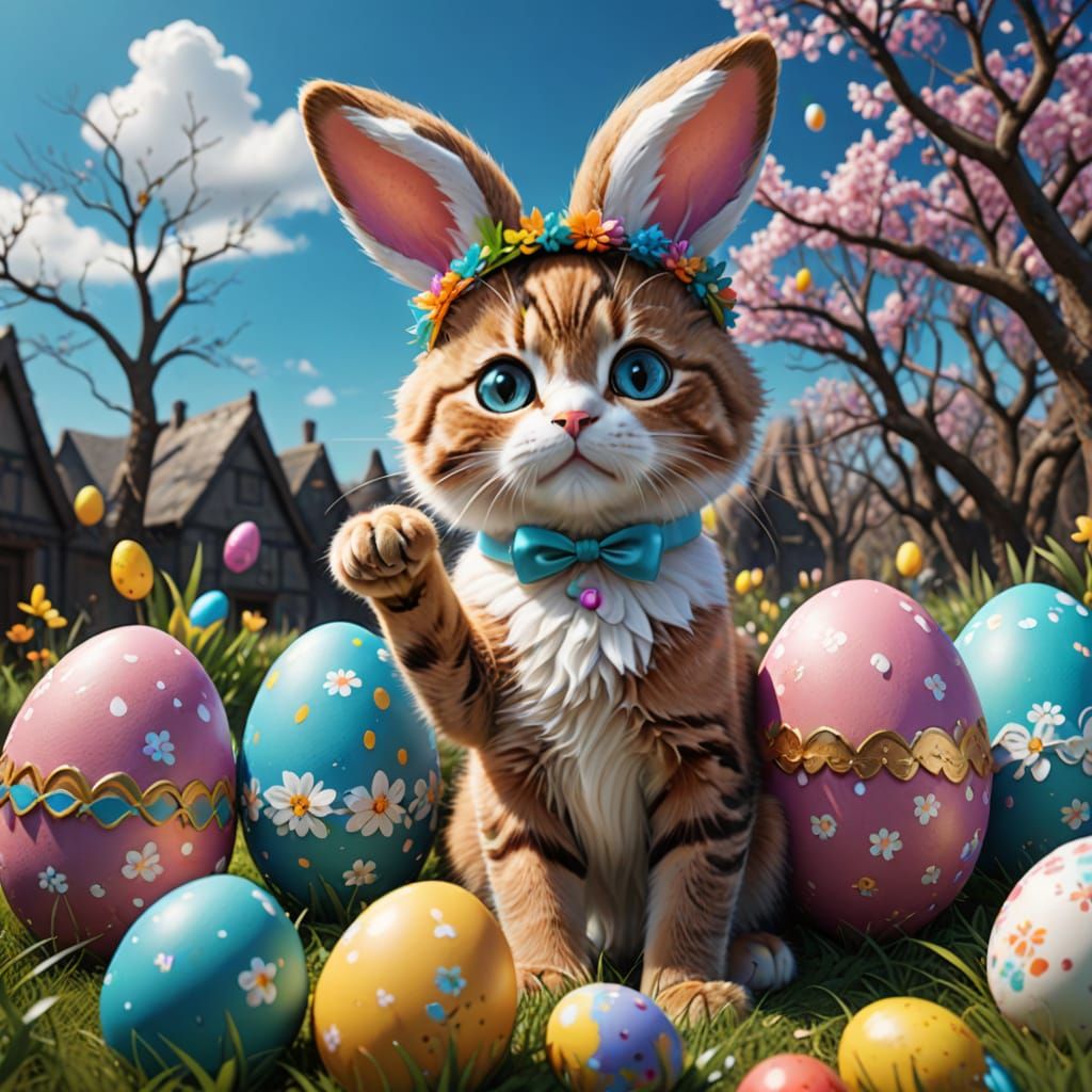 Whimsical Easter Feline in Vibrant Fantasy Landscapes