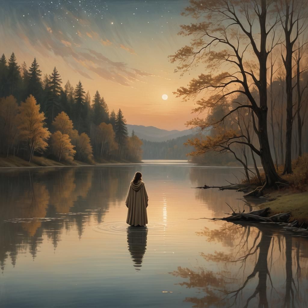 Woman in Zaffre Cloak by Lake, as Oil Painting