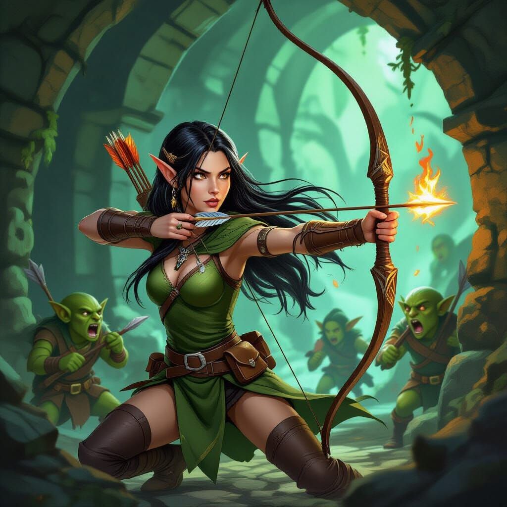 Elf Warrior Fights Goblins in Dungeons and Dragons Art