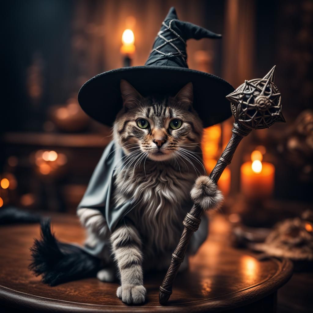 Cat Witch with Staff in Hyperrealistic Style