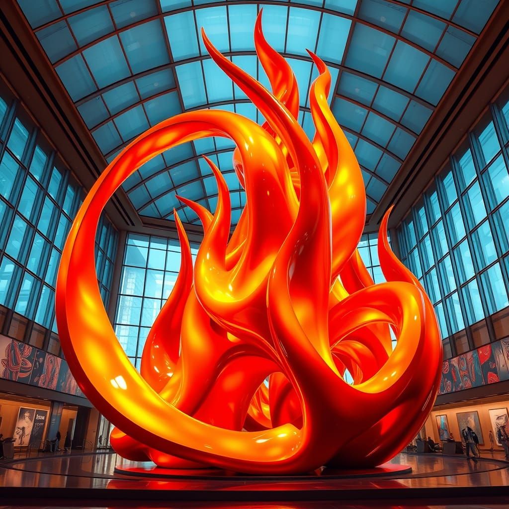 Vibrant Flame Sculpture in Museum Setting