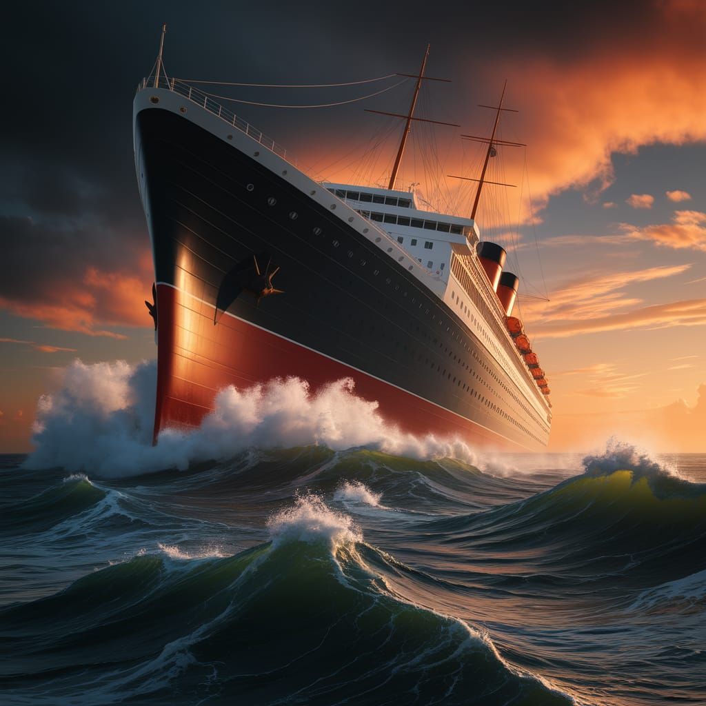Ocean Liner in Stormy Sea at Sunset