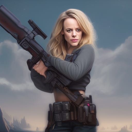 Blonde Woman Holding a Gun in Detailed Matte Painting
