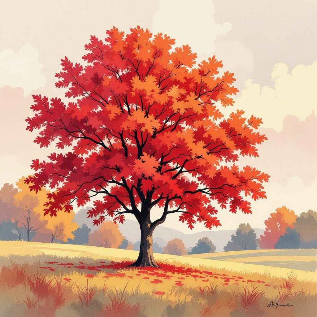 Vibrant Red Autumn Tree in Watercolor Style