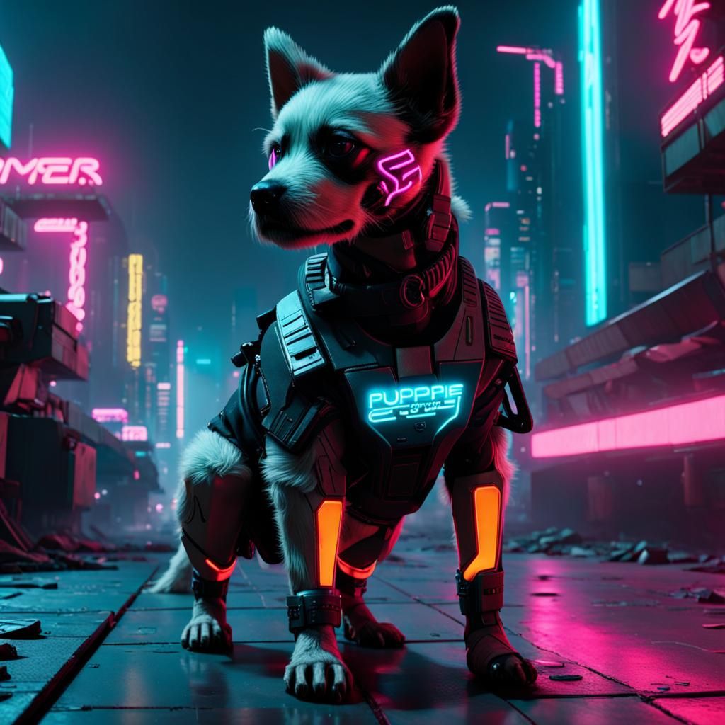 Cyberpunk Puppies in Neon City 2099