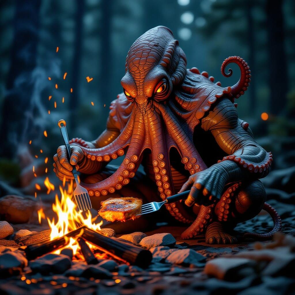 Anthropomorphic Octopus Grilling by Campfire in Fantasy Styl...