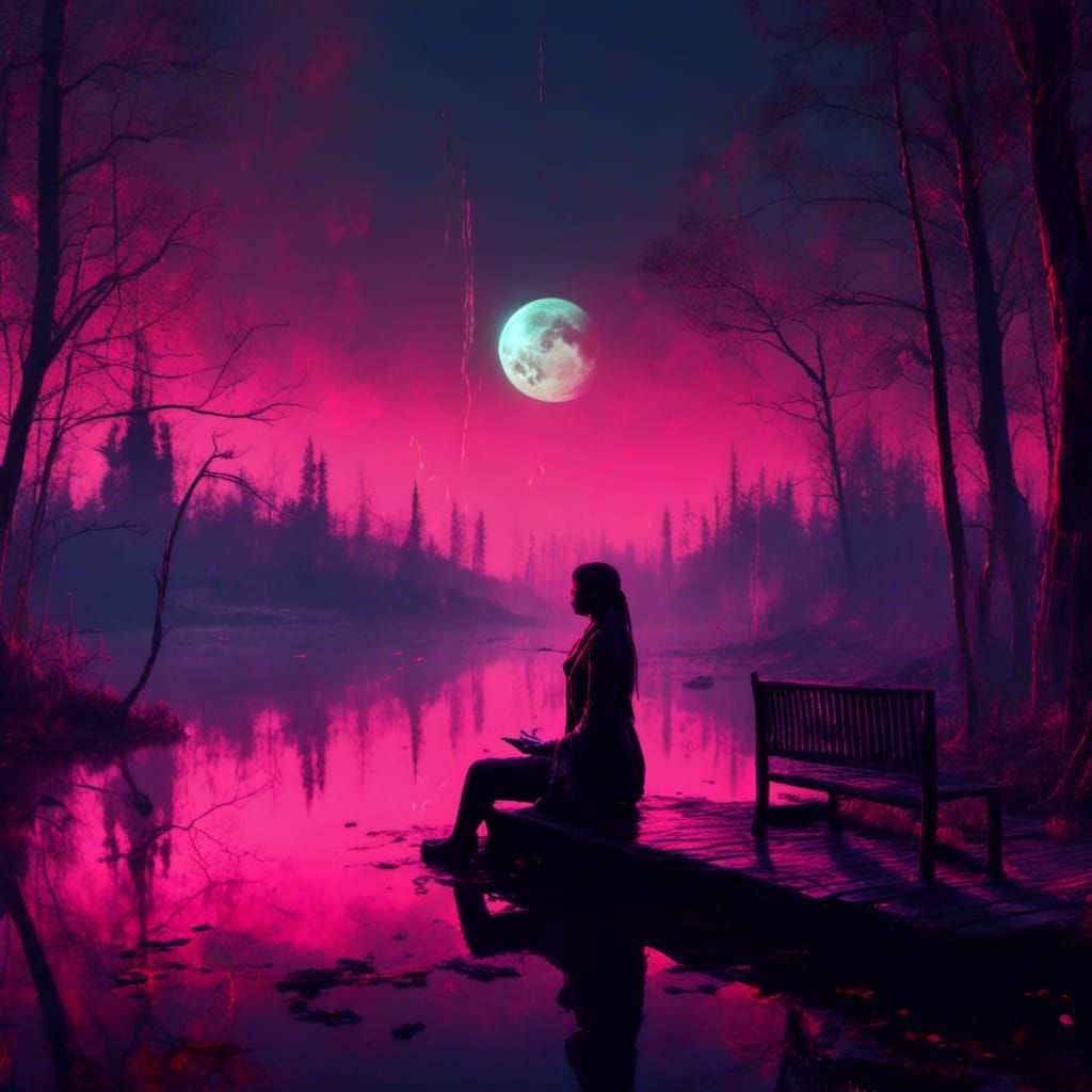 Cyberpunk Woman Observes Moonlit Lake from Porch