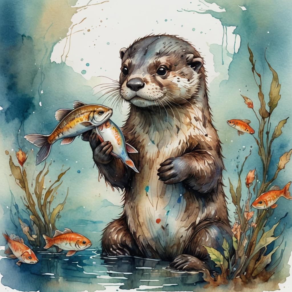 Watercolor Otter with Fish in Chibi Style