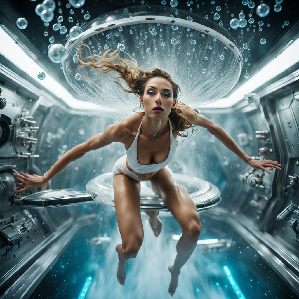 Steampunk Starship Shower in Zero Gravity