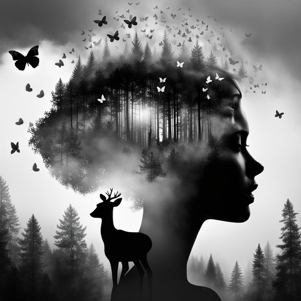 Double Exposure Silhouette with Butterflies and Forest