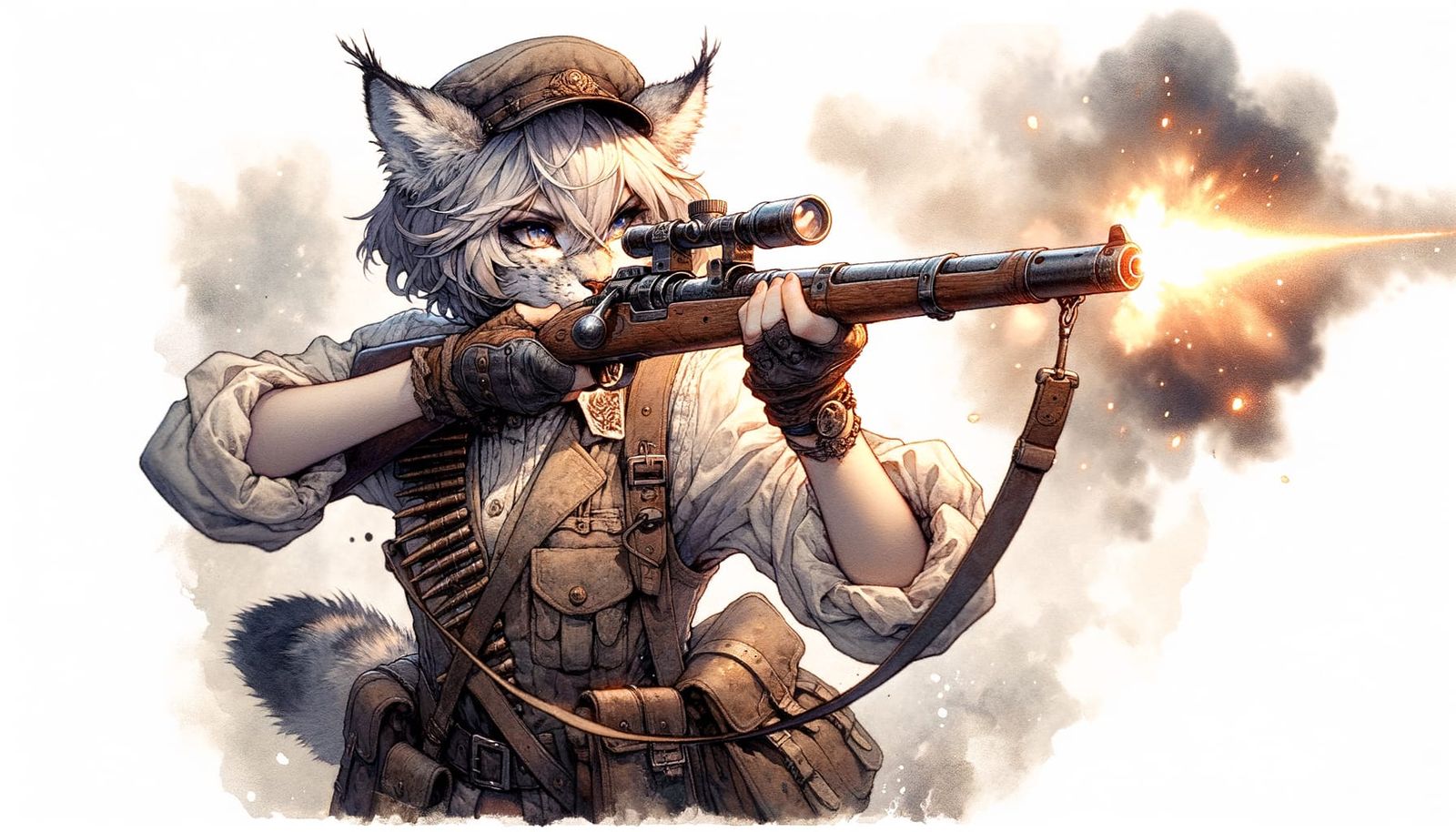 Romantic Anime Lynx Aims Rifle in Watercolour Style