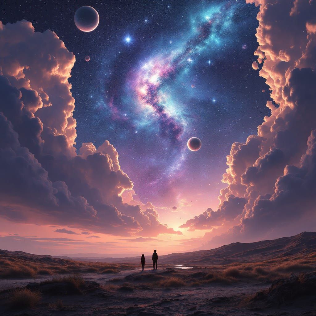 Hyperrealistic Sky with Shimmering Dust Clouds and Galaxies