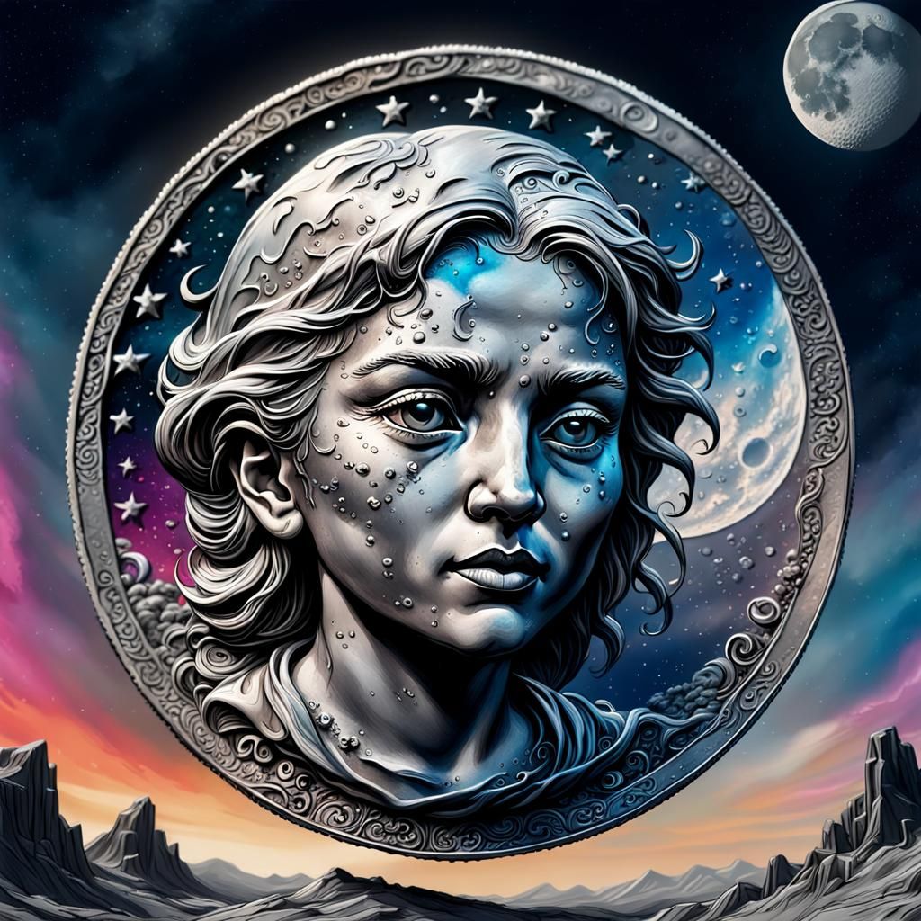 Hyperrealistic Moon in Ink-Washed Sky