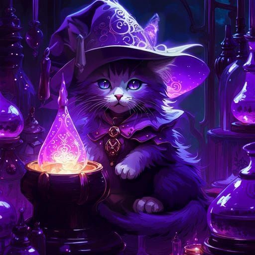 Kitten Witch Alchemist in Bioluminescent Laboratory