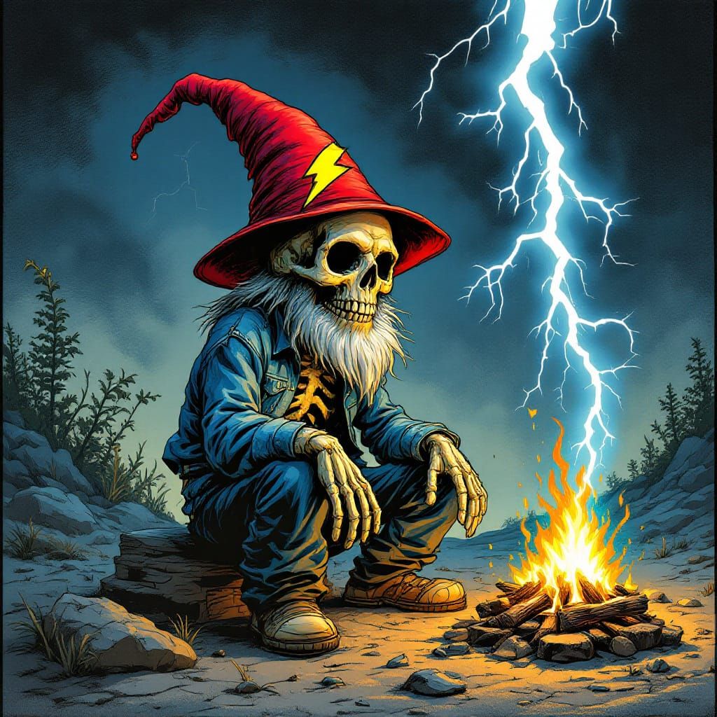 Skeletal Gnome by Campfire in Underground Comix Style