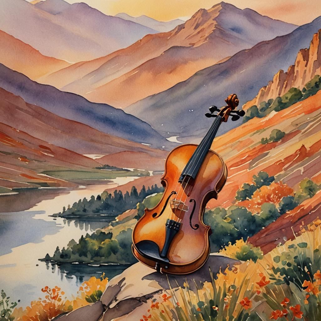 Golden Violin in Watercolor Mountain Landscape