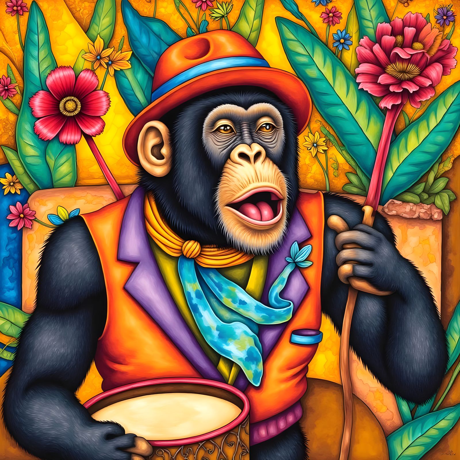 Vibrant Tropical Drumming Chimp