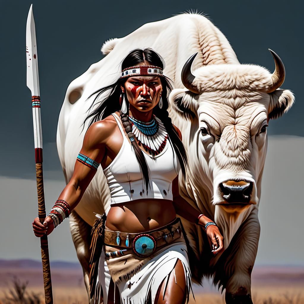 Young Native American Warrior with White Bison