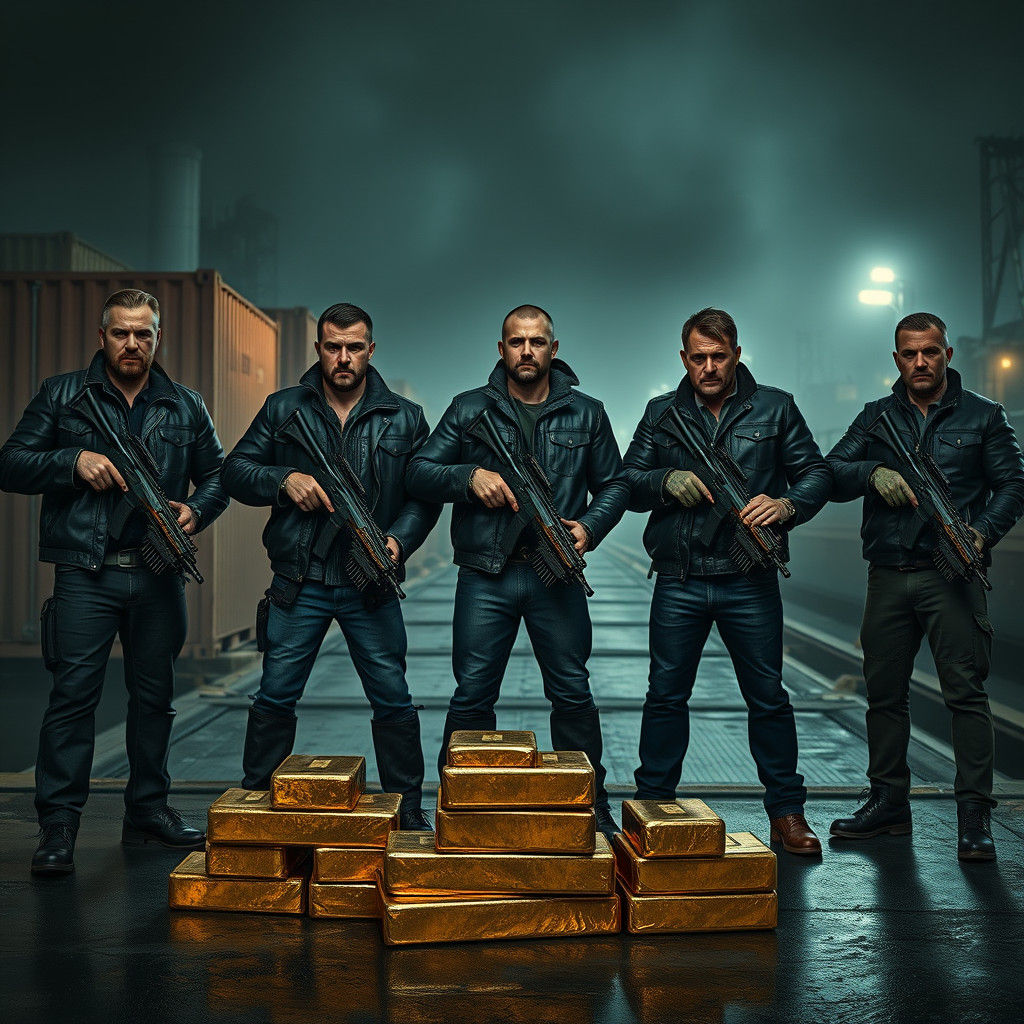 Russian Gangsters with Gold in Dark Futurism Style