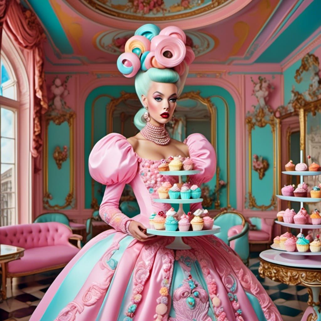 Space Age Lady with Cupcakes in Baroque Rococo Style