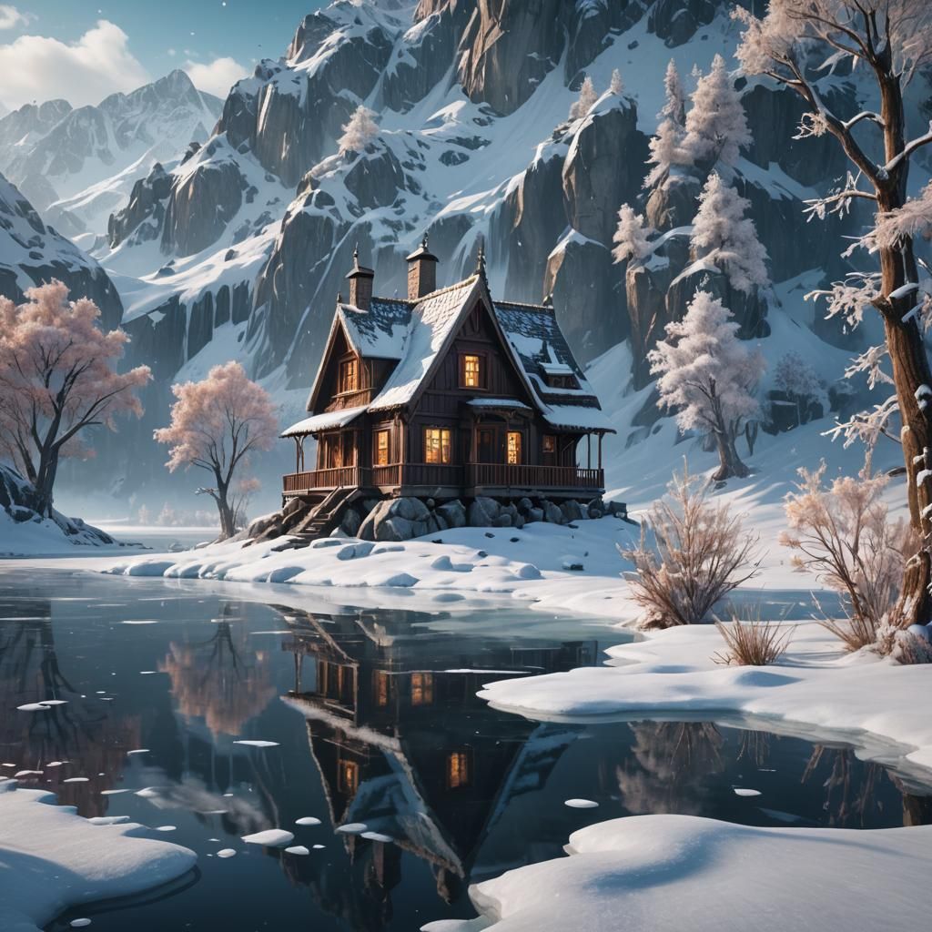 Frozen Lake House: Detailed Matte Painting