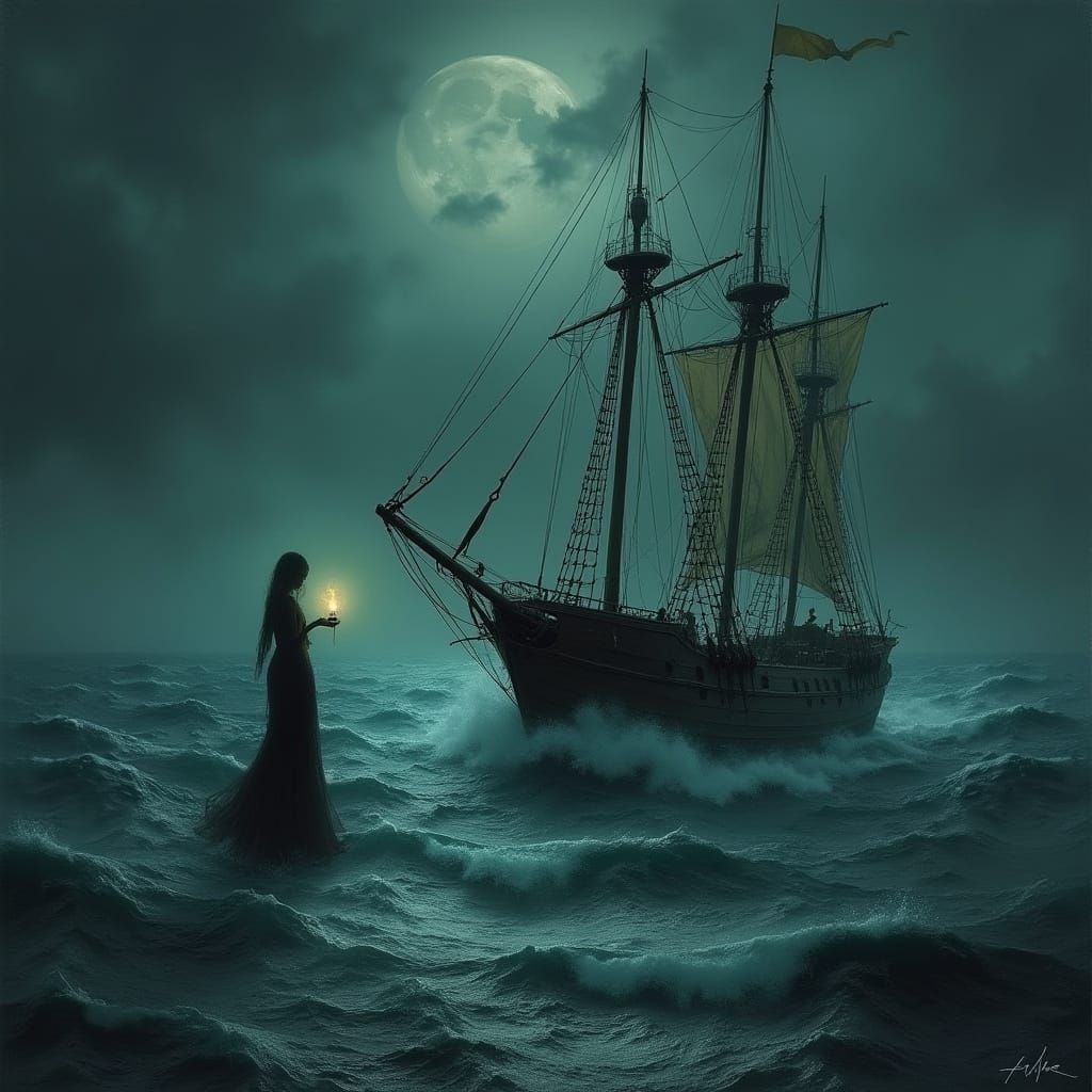 Stormy Dark Sea with Ghostly Ship and Mysterious Figure