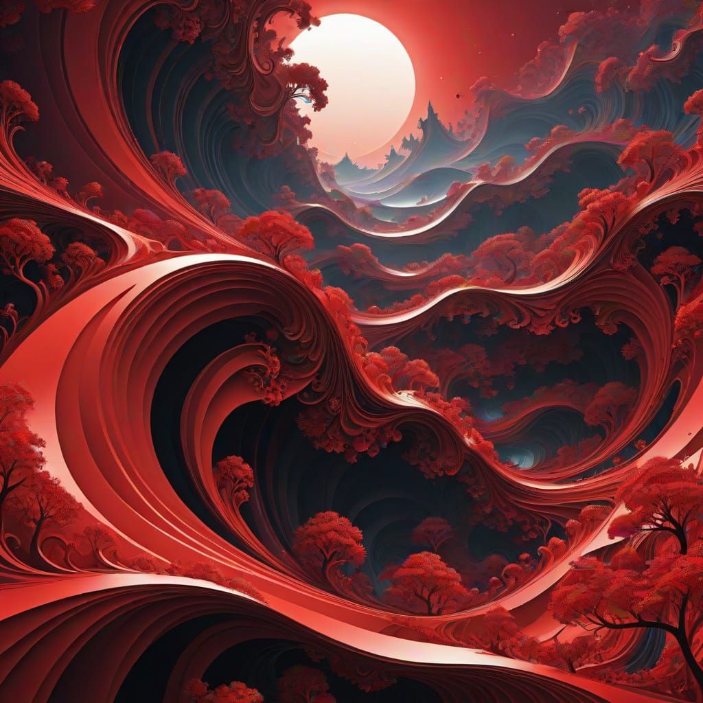 Crimson Fractal Planet Landscape with Stylized Homes