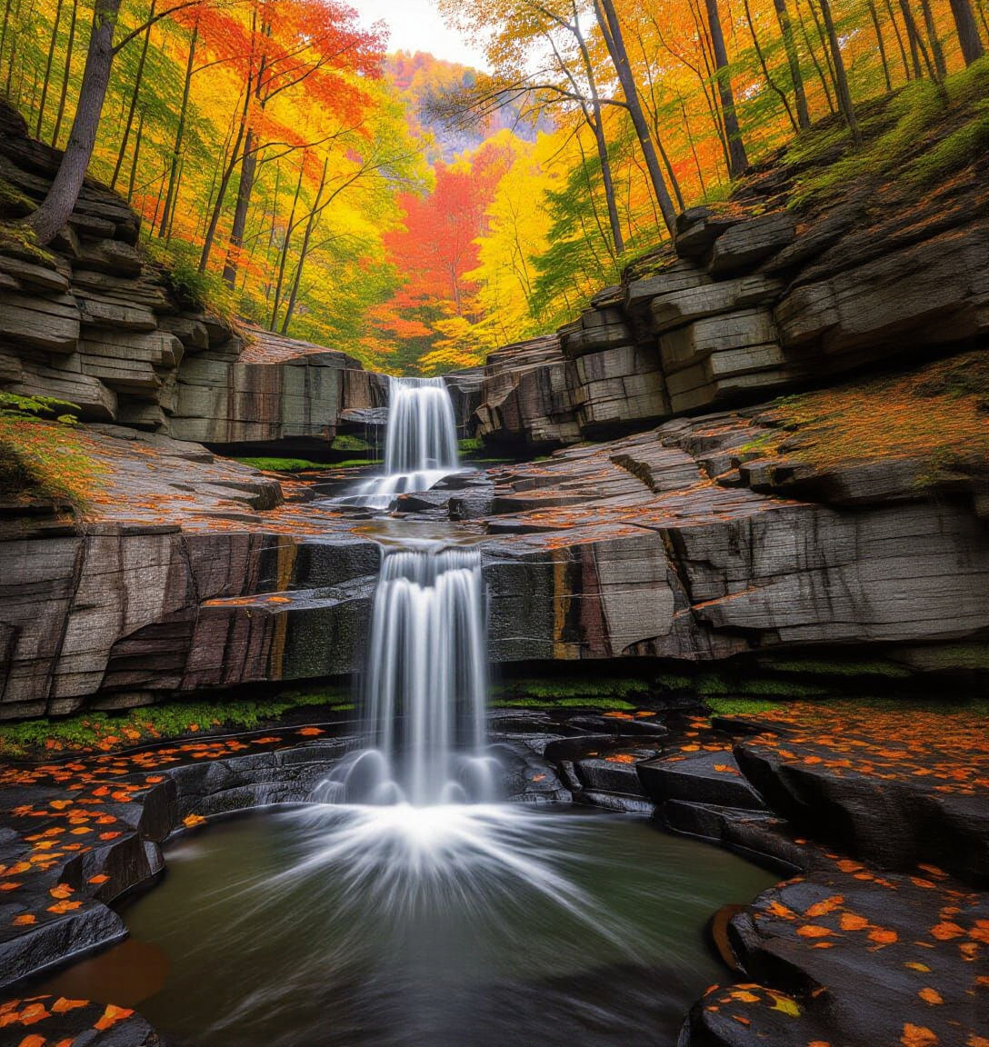 Autumn Waterfall Cascading Over Slate Rocks