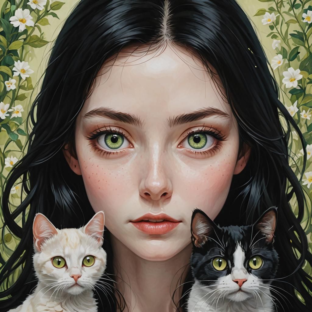Woman with Black Hair and Cat with Green Eyes