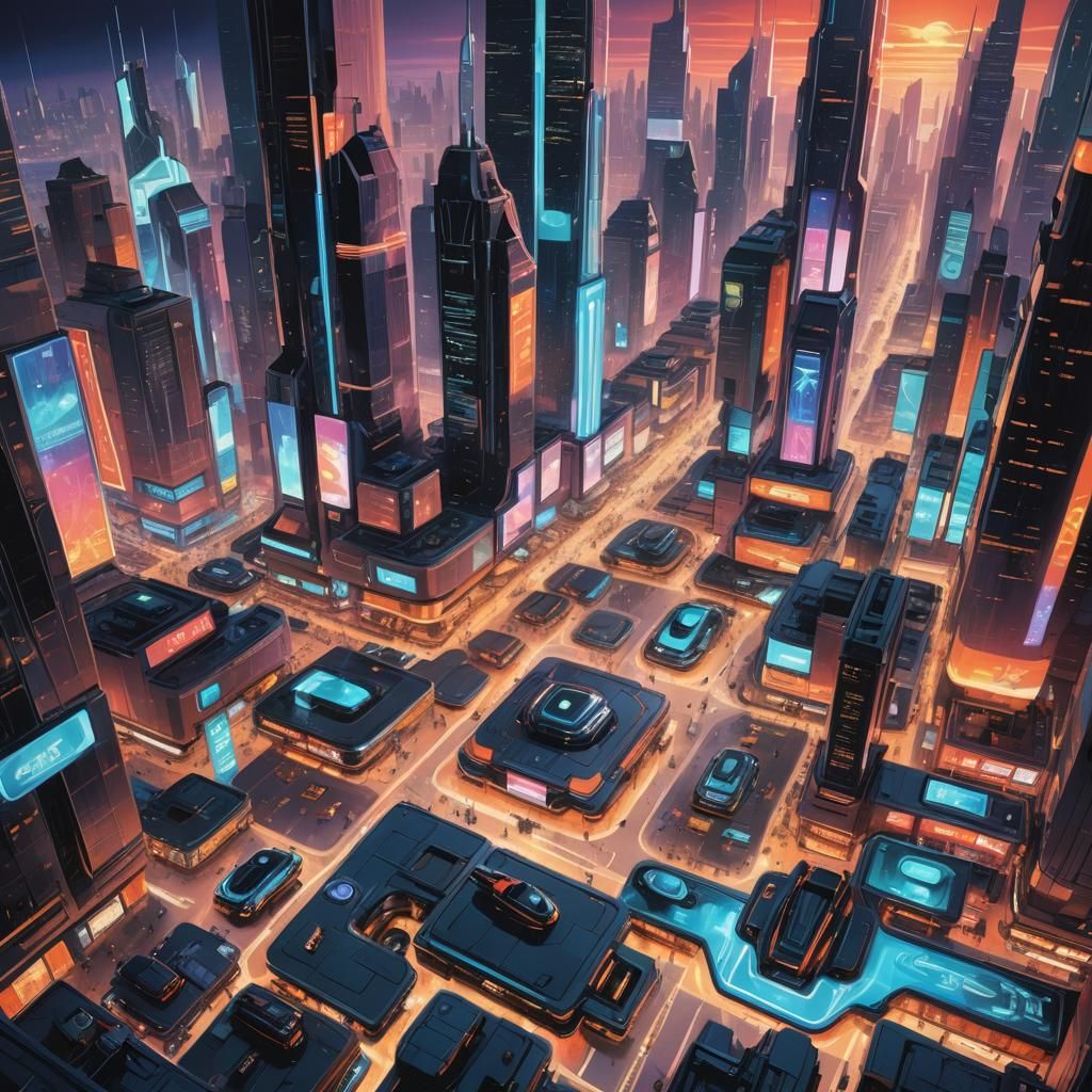 Futuristic 30th Century Cityscape with Flying Cars